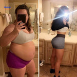 Side-by-side before and after display of body contouring results with shaping shorts.