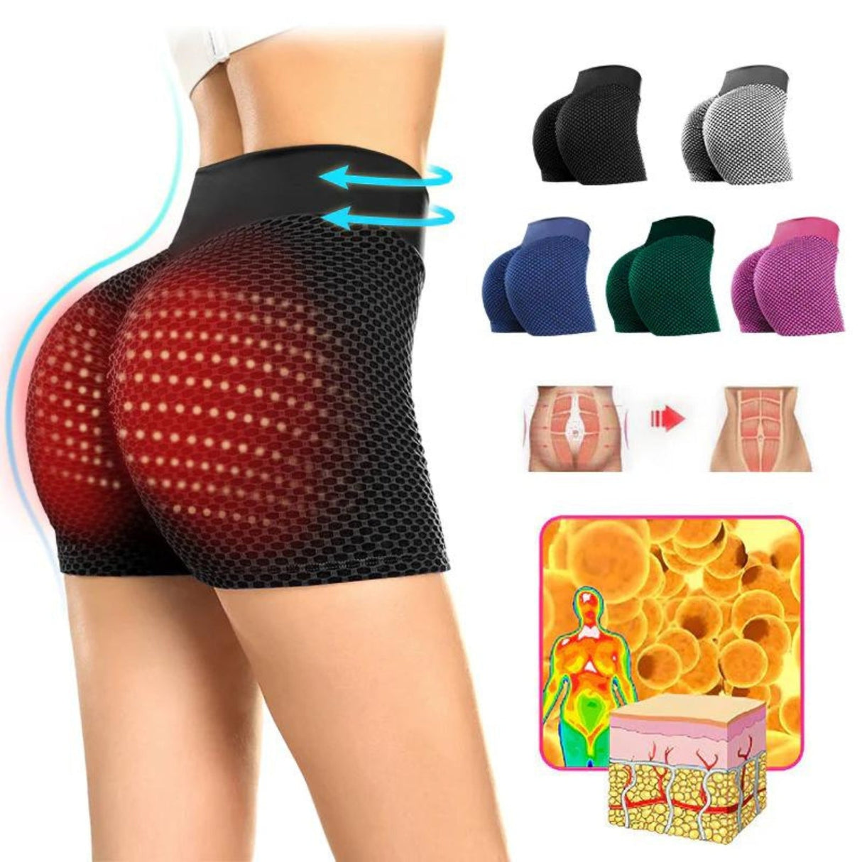 Multiple color choices and key benefits of women's ion fiber shaping shorts lineup.