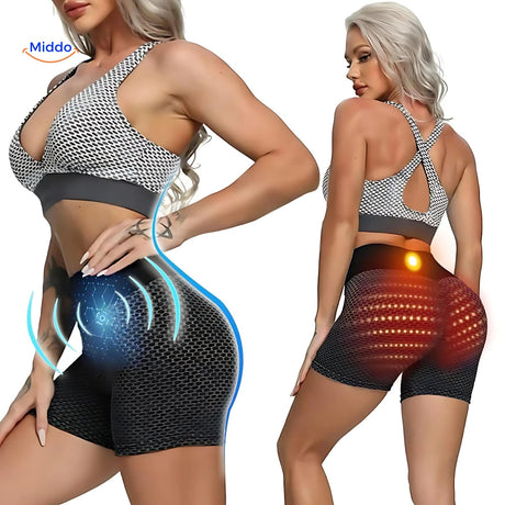 Ion fiber technology demonstration showing how shaping shorts enhance body sculpting.