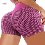 Purple textured shaping shorts with ion fiber technology for lifting and contouring.