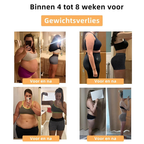 Women's shaping shorts showing visible weight loss results in 4-8 weeks with ion fiber technology.