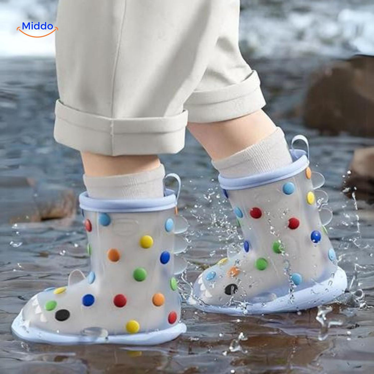 Child playing in water wearing shark rain boots, demonstrating waterproof protection.