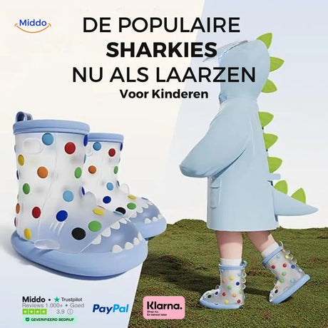 Shark rain boots for kids with 3D design and colorful spotted pattern, waterproof and non-slip.