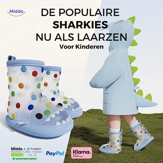 Shark rain boots for kids with 3D design and colorful spotted pattern, waterproof and non-slip.