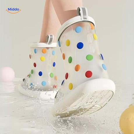 Shark rain boots in water splashes, showing waterproof and non-slip sole performance.