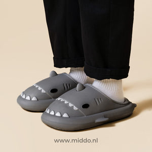 Black shark slippers with classic comfort for the family.