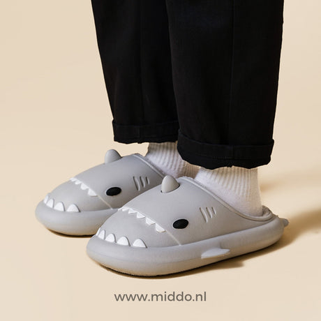 Grey shark slippers perfect for comfortable home wear.