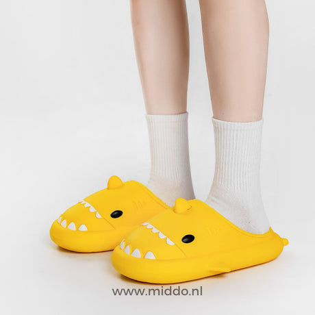 Yellow shark slippers with fun, family-friendly design.