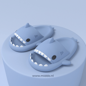 Sharkies shark slippers in blue with anti-slip sole for kids.