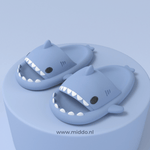 Sharkies shark slippers in blue with anti-slip sole for kids.