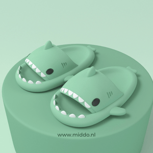 Sharkies shark slippers in light green shade with protective sole grip.