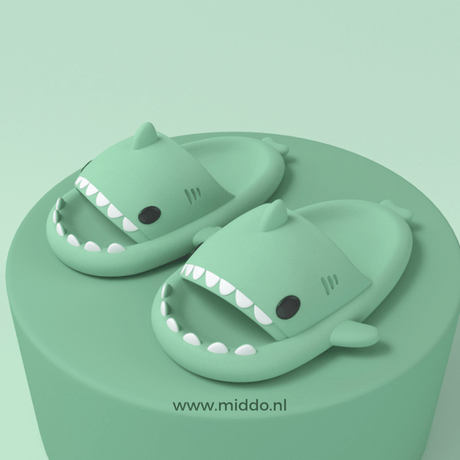 Sharkies shark slippers in light green shade with protective sole grip.