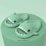 Sharkies shark slippers in light green shade with protective sole grip.