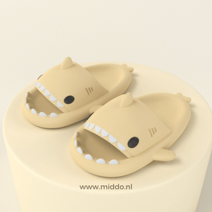 Sharkies shark slippers in light yellow with durable anti-slip base.