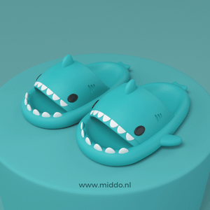 Sharkies shark slippers in mint green with ergonomic arch support.