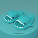 Sharkies shark slippers in mint green with ergonomic arch support.