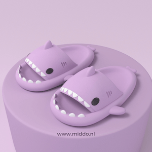 Sharkies shark slippers in purple with soft, cushioned footbed.