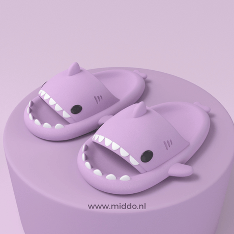 Sharkies shark slippers in purple with soft, cushioned footbed.