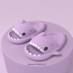 Sharkies shark slippers in purple with soft, cushioned footbed.