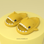Sharkies shark slippers in yellow color with orthopedic support.