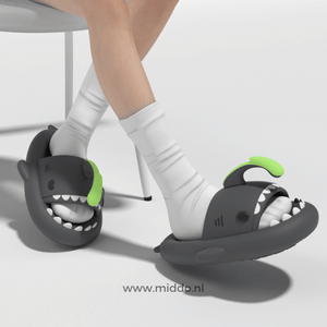 Sharkies summer slides black and green color variant with shark shape.