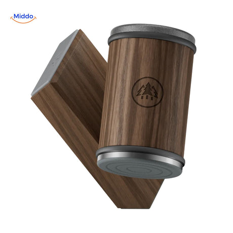 Rolling knife sharpener with wooden design and 15-degree angle support guide.