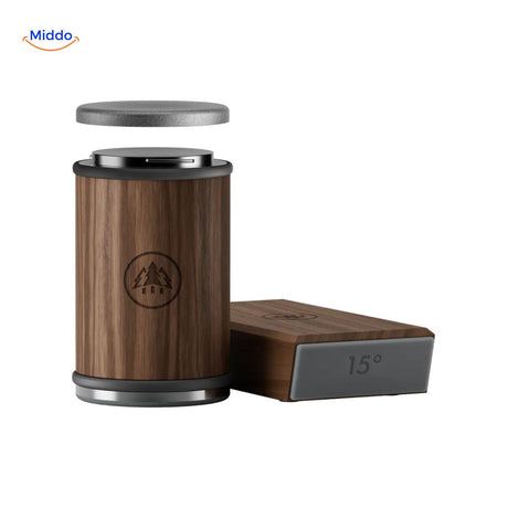 Knife sharpener with wooden design, lid, and advanced sharpening technology.