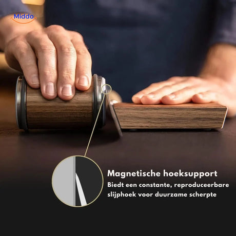 Rolling knife sharpener with magnetic angle support for precision sharpening.