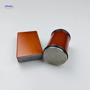 Wooden knife sharpener with red accents for precise and accurate sharpening.