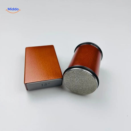 Wooden knife sharpener with red accents for precise and accurate sharpening.