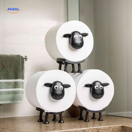 Multiple stackable SheepRoll holders in white, cute bathroom accessory for roll storage.