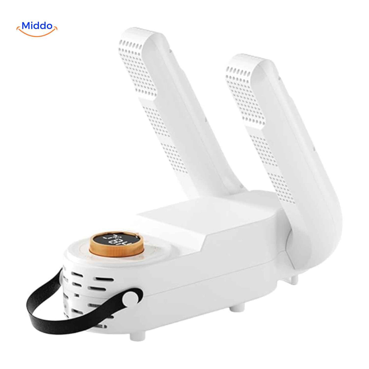 Shoe dryer with round control button and ergonomic handle.
