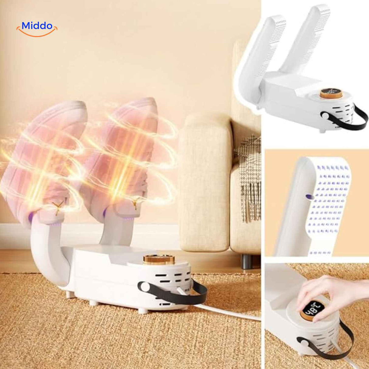 Shoe and sock dryer with LED control screen for precise settings.