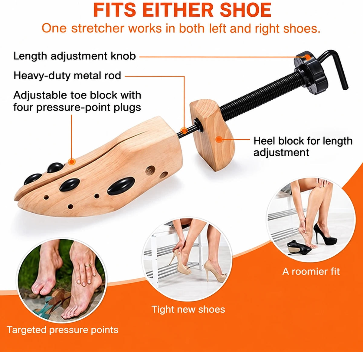 ShoeStretcher Pro adjustable heel block, metal rod, and pressure-point plugs for either shoe.