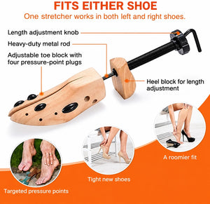 ShoeStretcher Pro adjustable heel block, metal rod, and pressure-point plugs for either shoe.