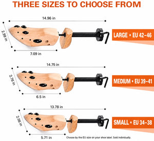 ShoeStretcher Pro factory sizes: Small EU 34–38, Medium EU 39–41, and Large EU 42–46, with measurements in inches.