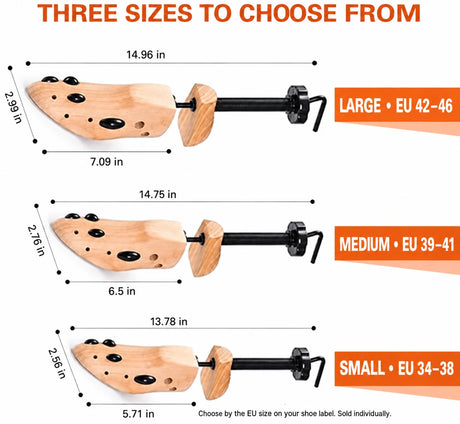ShoeStretcher Pro factory sizes: Small EU 34–38, Medium EU 39–41, and Large EU 42–46, with measurements in inches.