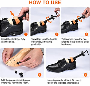 ShoeStretcher Pro instructions for adjusting shoe width, length, and pressure-point plugs.