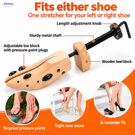 Adjustable wooden shoe stretcher for either shoe.