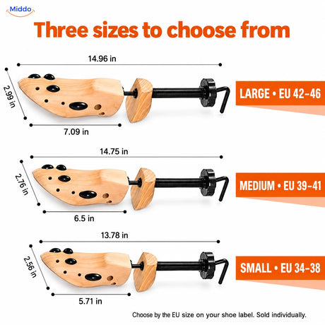 Shoe stretcher size guide with EU sizes and dimensions in inches.