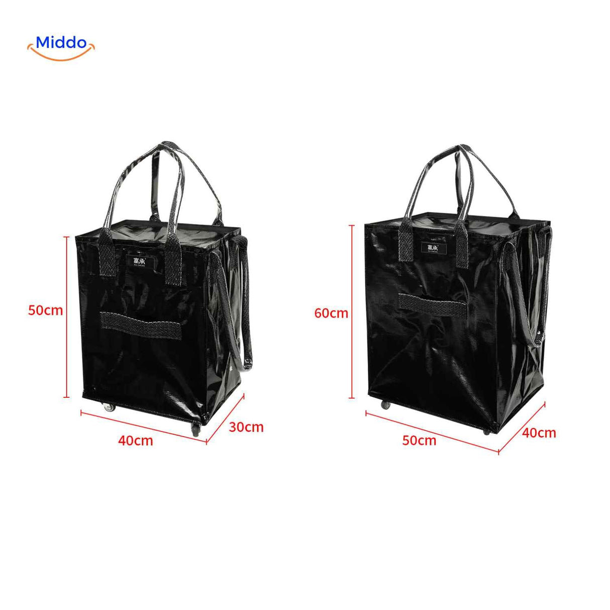Shopping trolley available in two sizes with dimensions for groceries and laundry