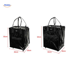 Shopping trolley available in two sizes with dimensions for groceries and laundry