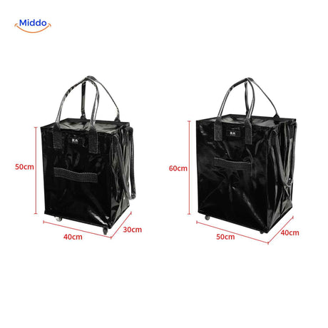 Shopping trolley available in two sizes with dimensions for groceries and laundry