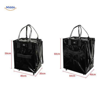 Shopping trolley available in two sizes with dimensions for groceries and laundry
