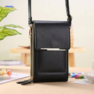Black TouchScreenGo compact shoulder bag with durable touchscreen back.