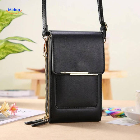 Black TouchScreenGo compact shoulder bag with durable touchscreen back.