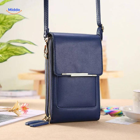 Durable blue TouchScreenGo shoulder bag with compact design and touchscreen.