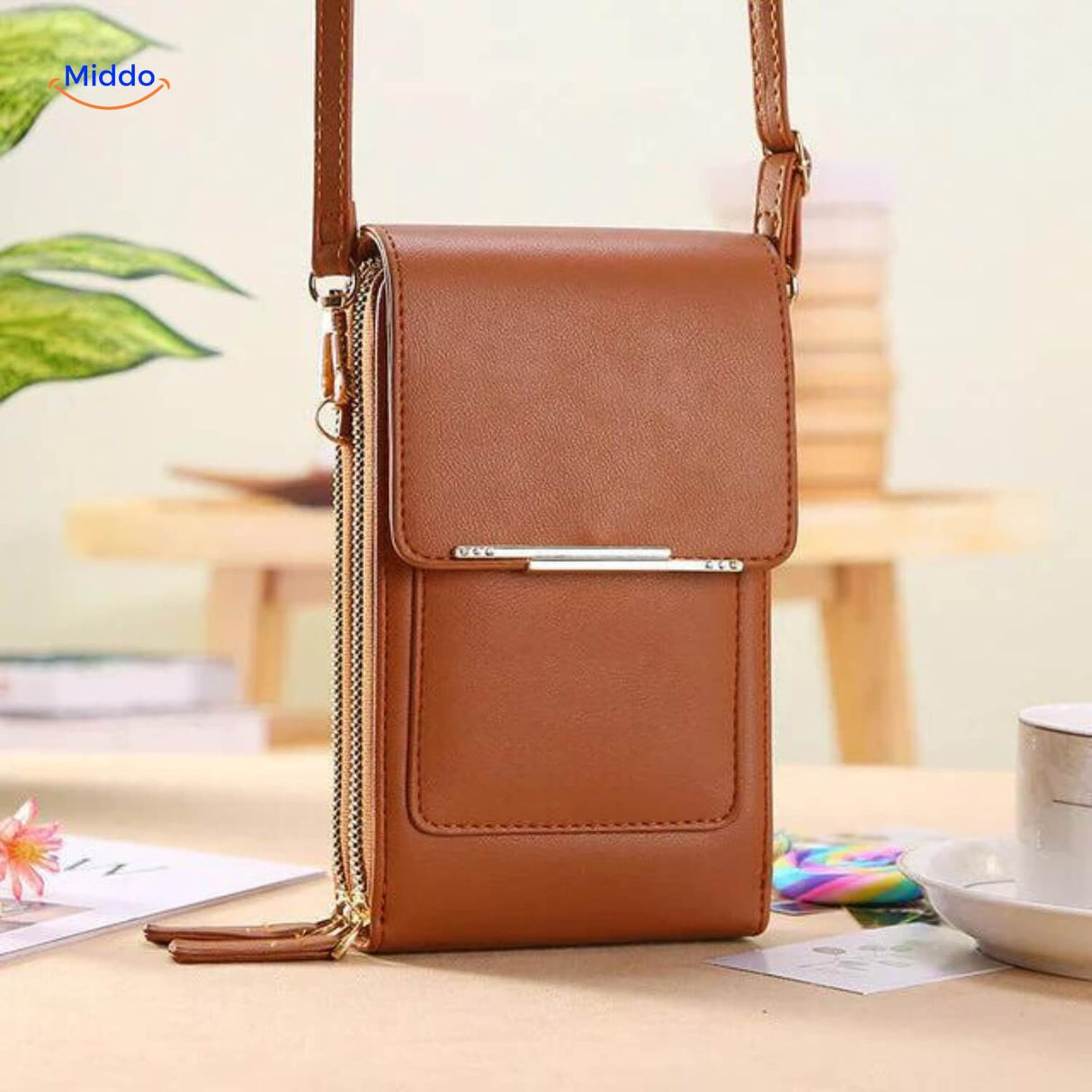 Brown TouchScreenGo compact shoulder bag featuring sustainable design.