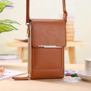 Brown TouchScreenGo compact shoulder bag featuring sustainable design.