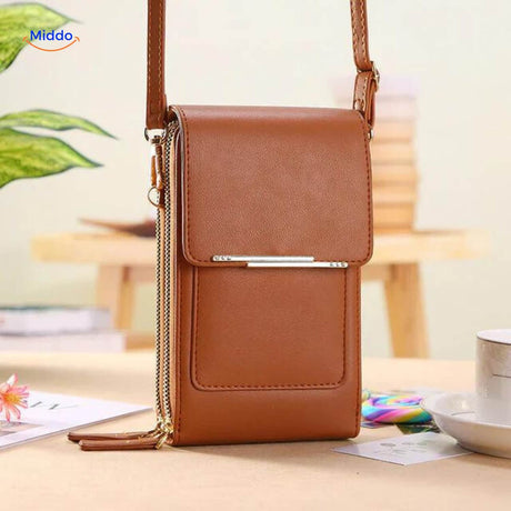 Brown TouchScreenGo compact shoulder bag featuring sustainable design.